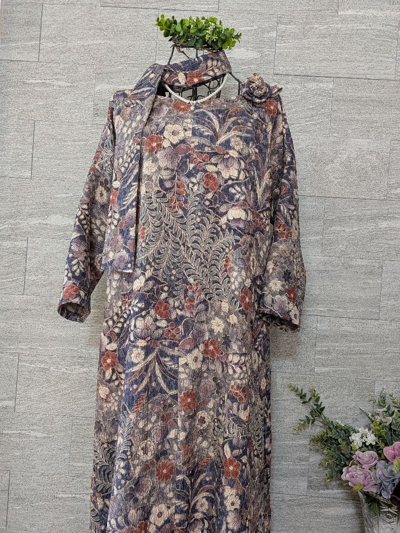 A257着物リメイク辻が花柄Aラインワンピース★リボン・ブローチ