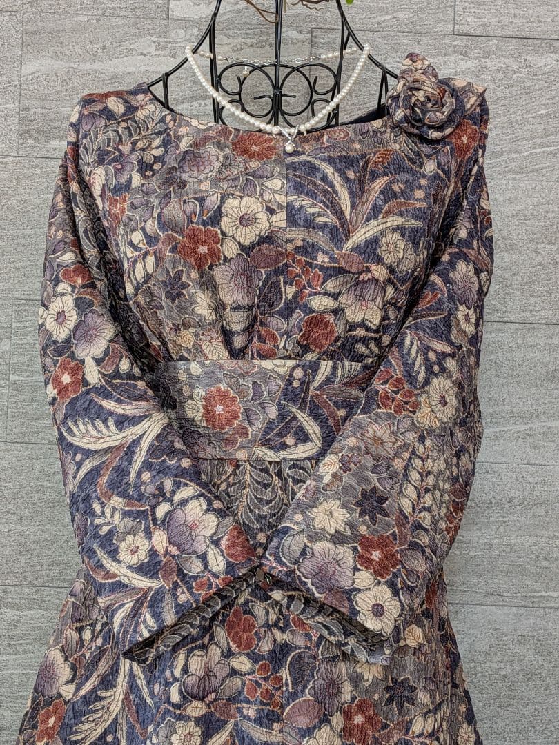 A257着物リメイク辻が花柄Aラインワンピース★リボン・ブローチ