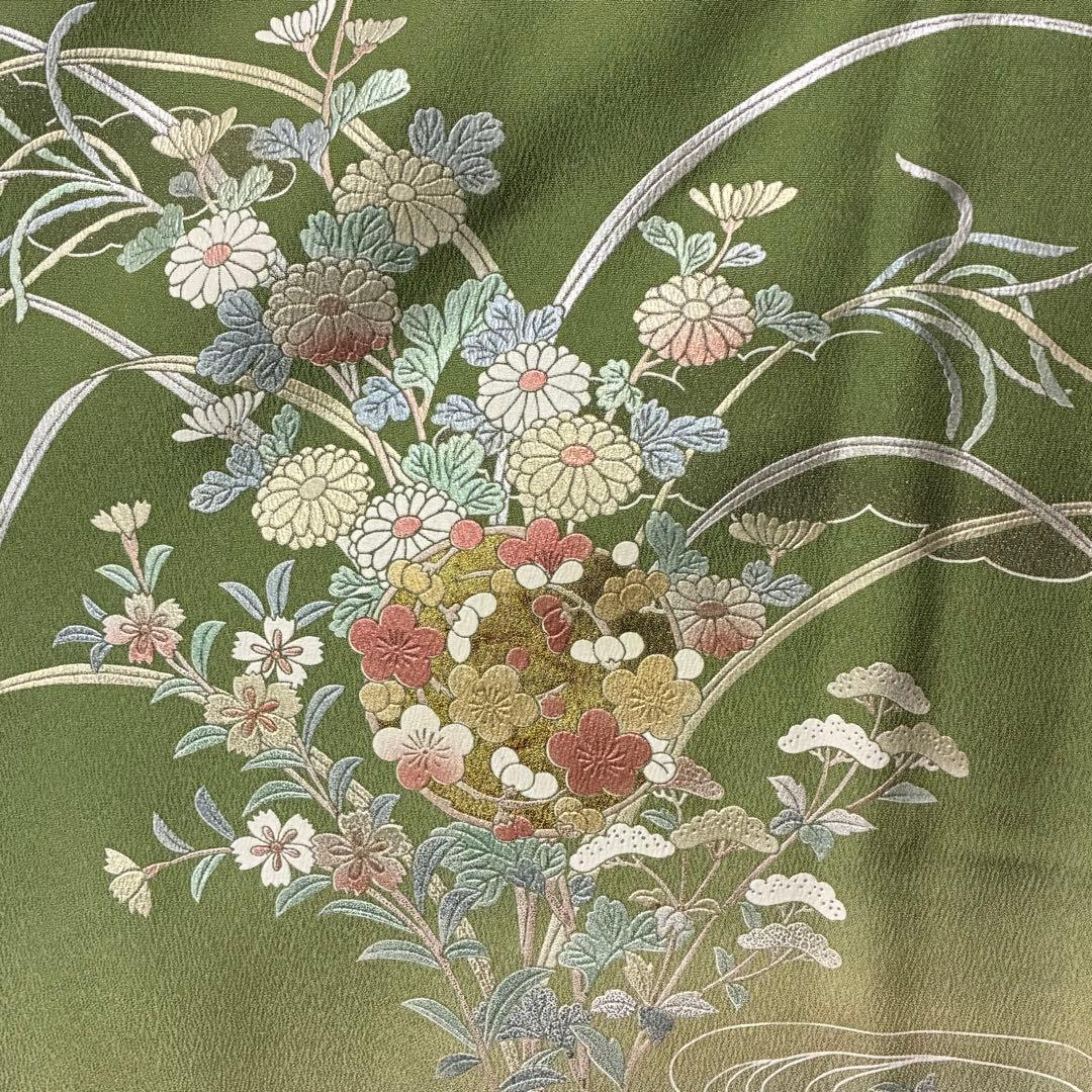 D82訪問着 花模様 流水 金彩 一つ紋 正絹着物 袷 しつけ糸付き未使用極美品