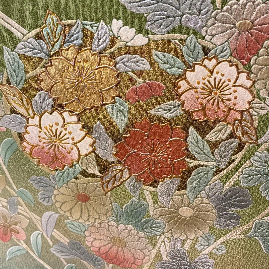 D82訪問着 花模様 流水 金彩 一つ紋 正絹着物 袷 しつけ糸付き未使用極美品