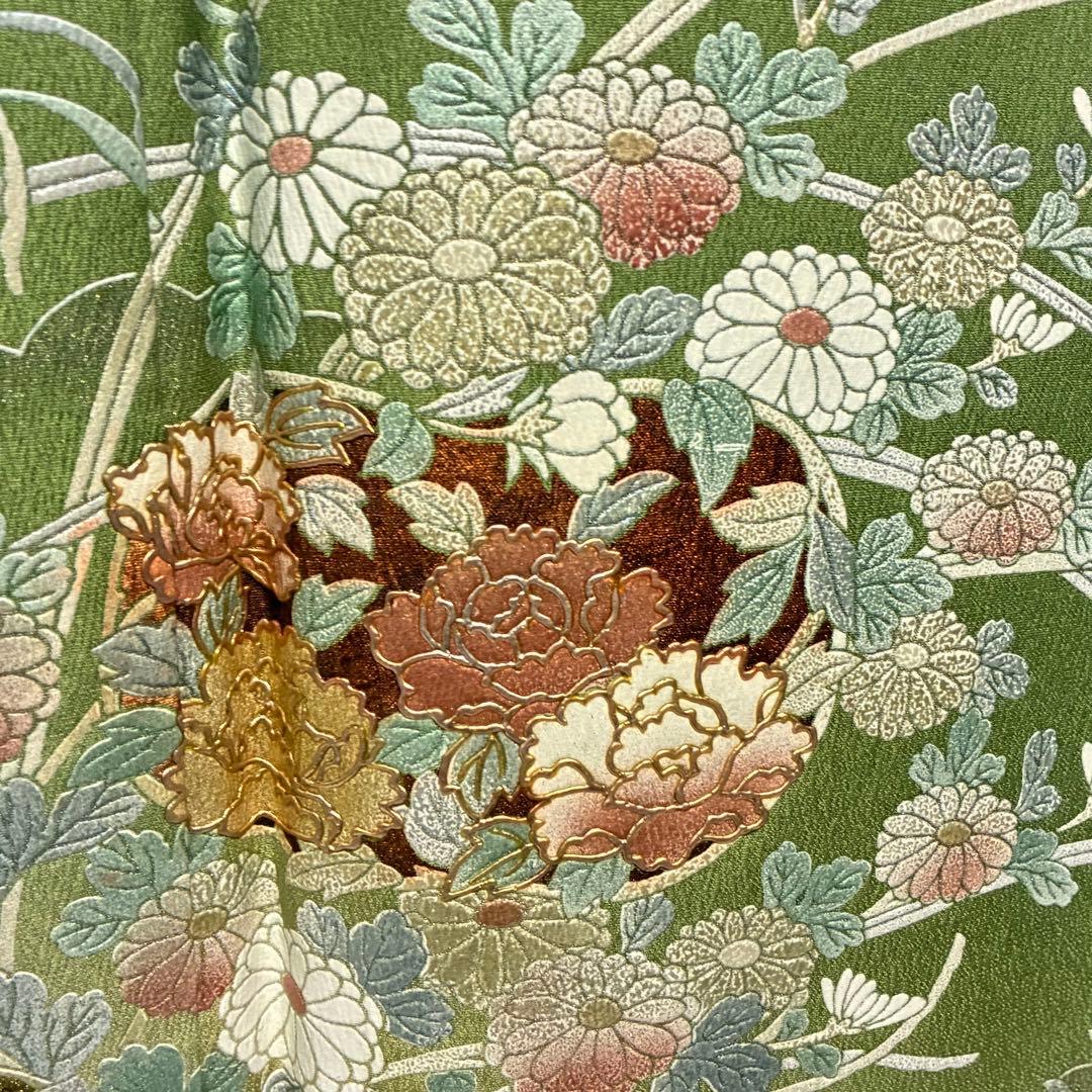 D82訪問着 花模様 流水 金彩 一つ紋 正絹着物 袷 しつけ糸付き未使用極美品