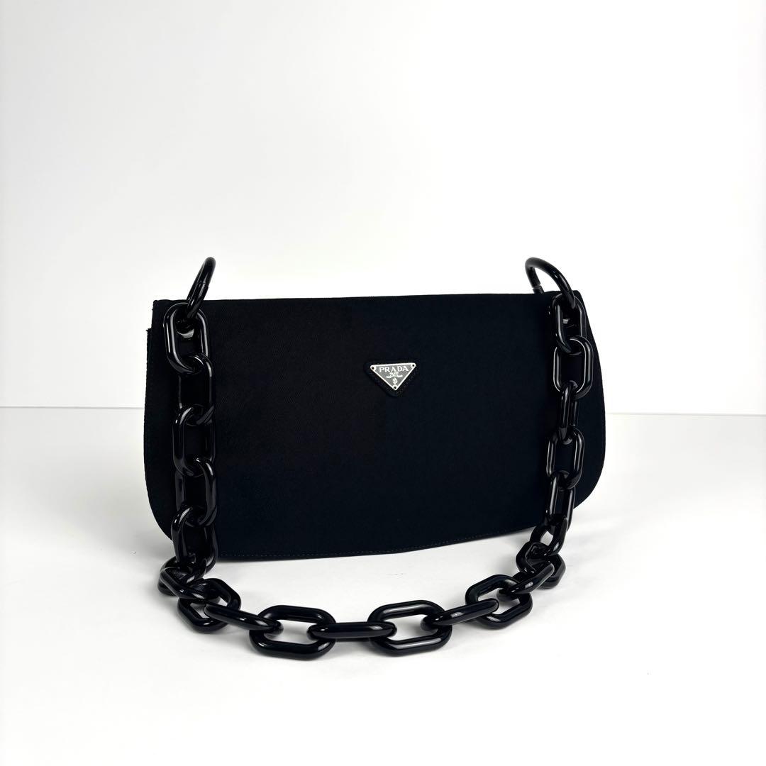 極美品 PRADA プラダ チェーン ショルダーバッグ キャンバス ブラック