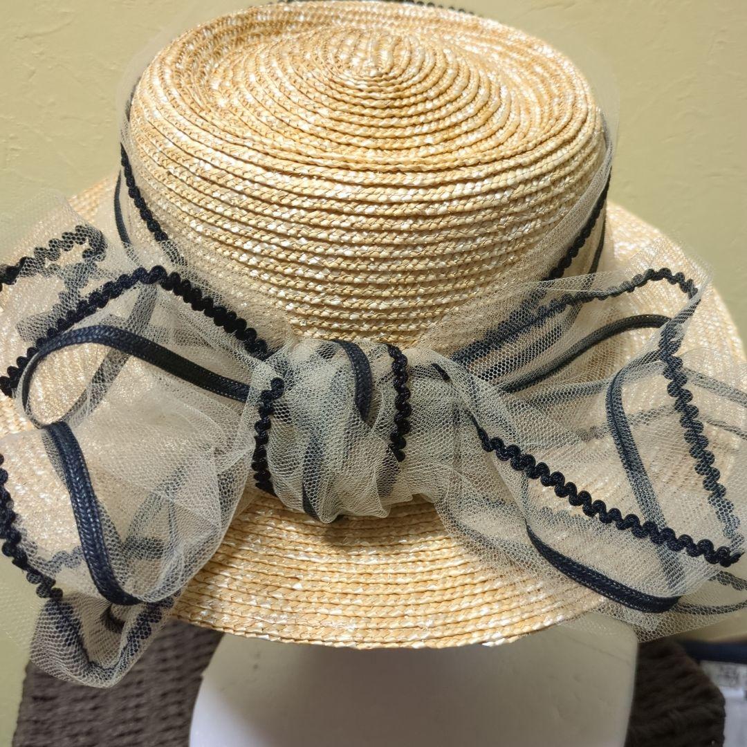 ベージュ ストロー ボートハット リボン付き