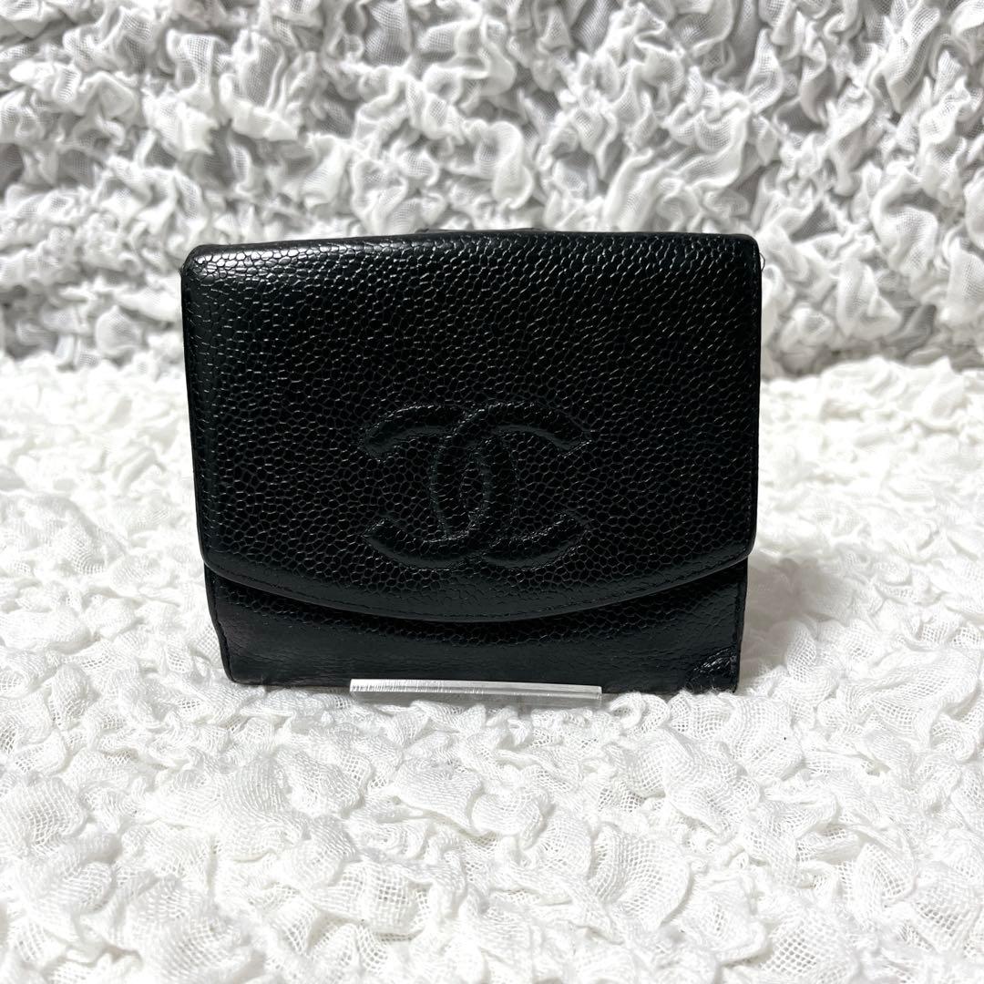 CHANEL✨シャネル キャビアスキン 折り財布 ココマーク ブラック