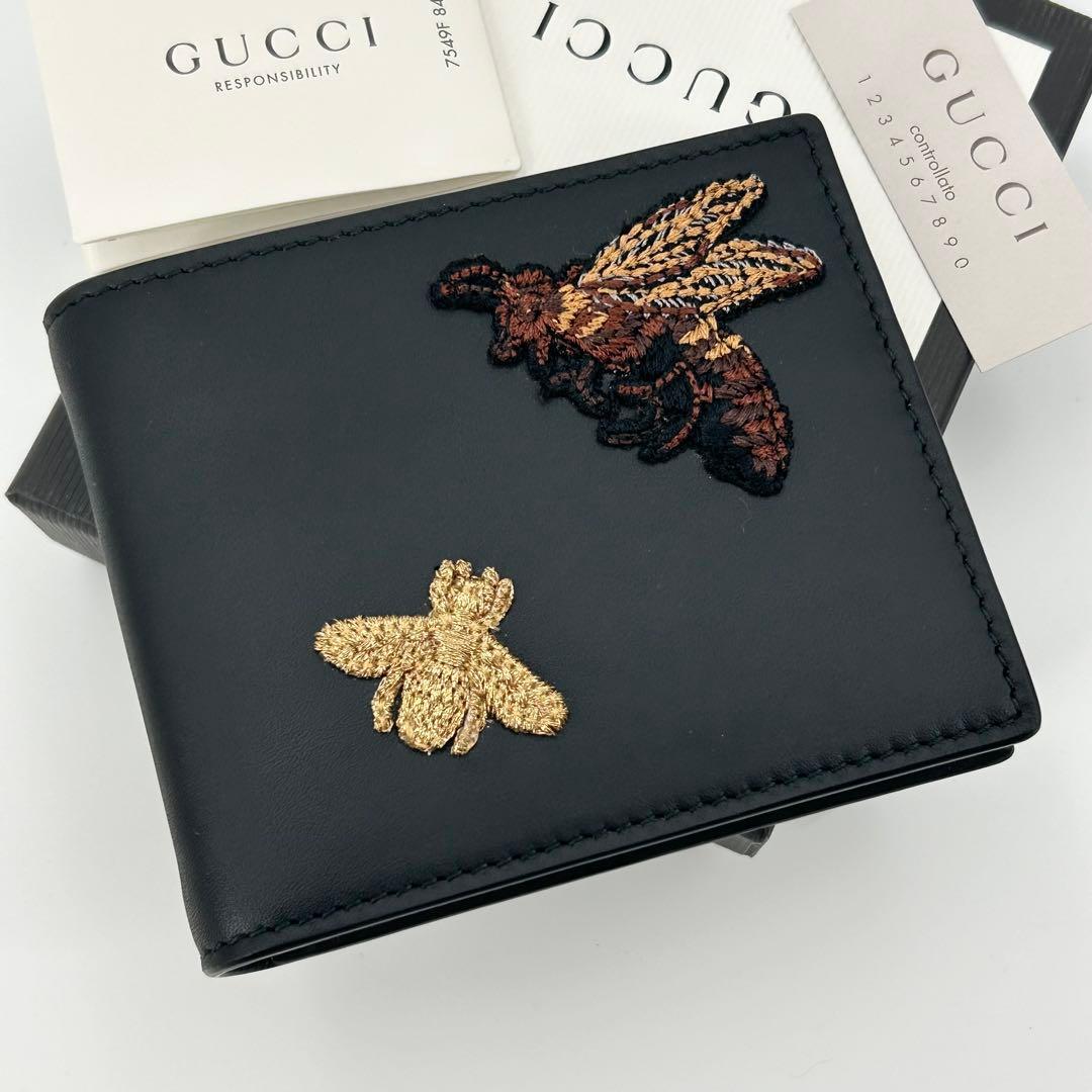 希少/未使用✨グッチ マネークリップ アニマリエ ビー 刺繍 レザー 黒