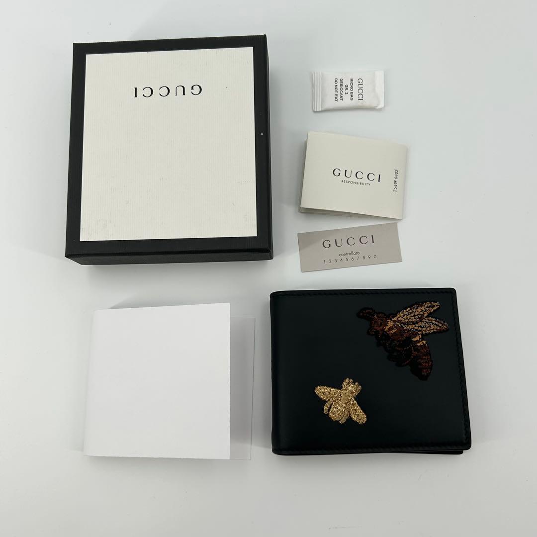 希少/未使用✨グッチ マネークリップ アニマリエ ビー 刺繍 レザー 黒