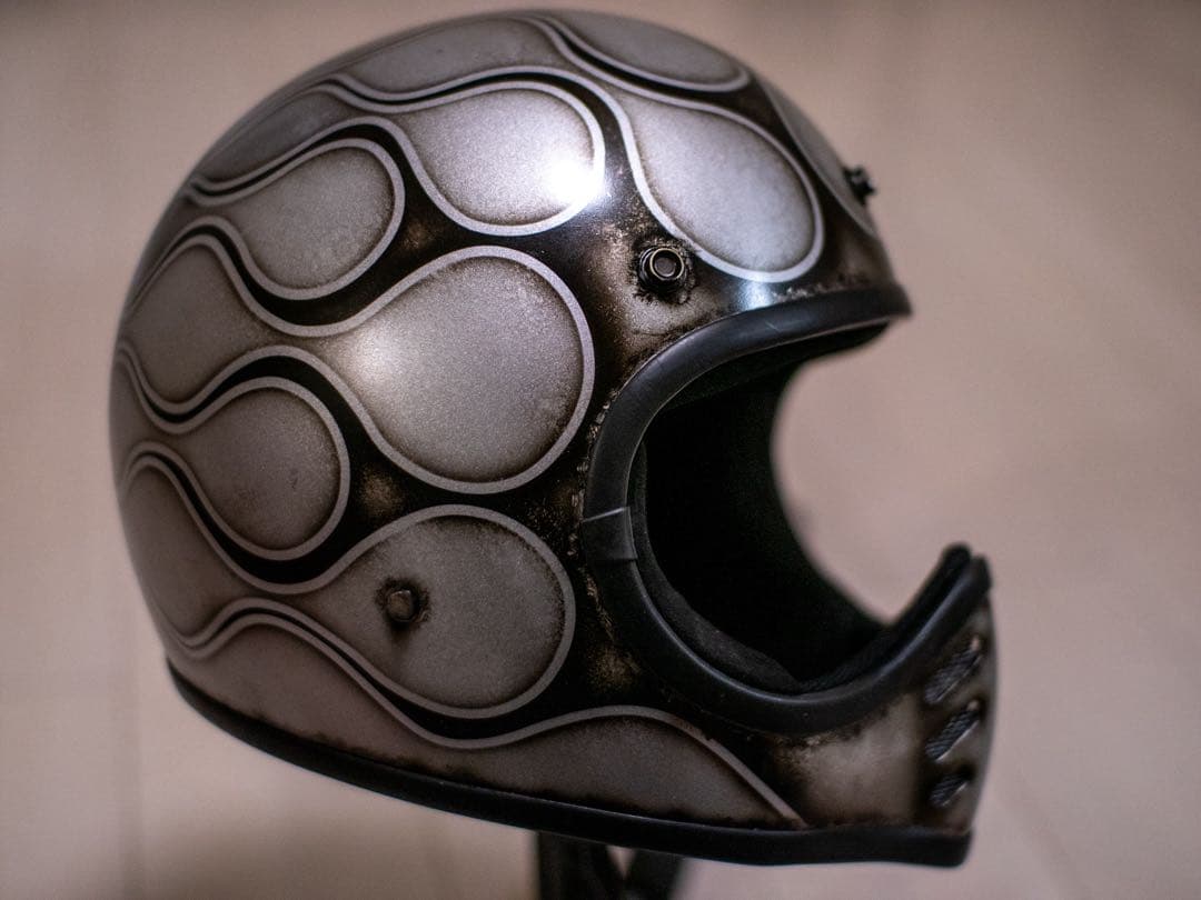 L ミニモト MTXタイプ　ビンテージ　ヘルメット　シルバーエイジング黒フレア