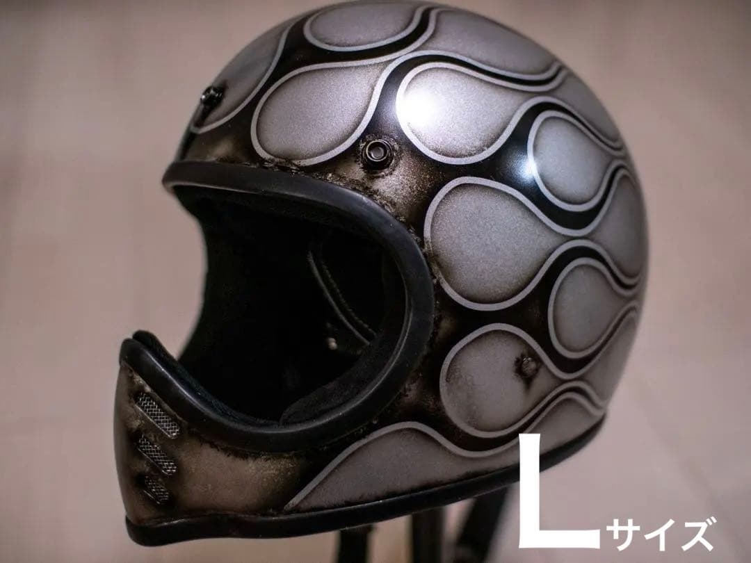 L ミニモト MTXタイプ　ビンテージ　ヘルメット　シルバーエイジング黒フレア