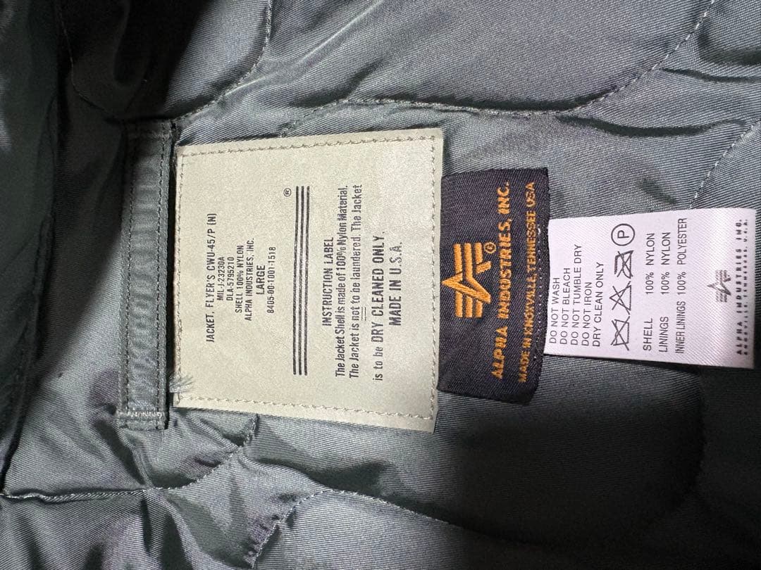 美品USA製ALPHA INDUSTRIES cwu 45p オリーブグリーン