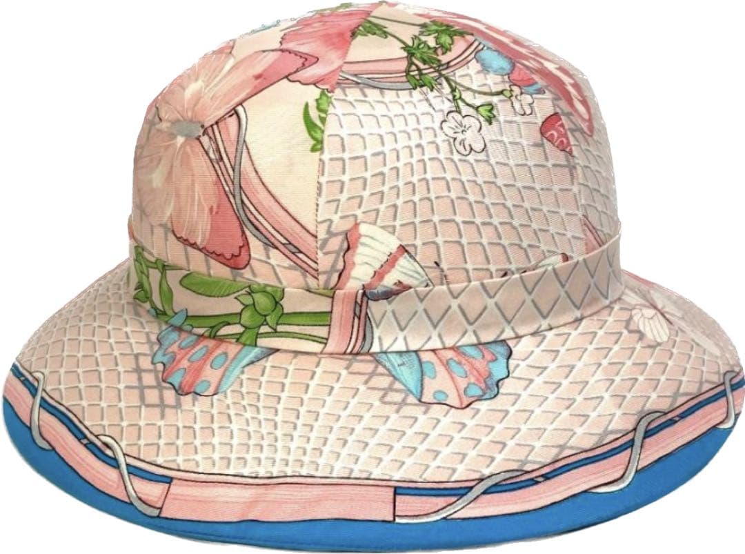 HERMES エルメス フラワー 花 蝶 バタフライ 帽子 シルク ピンク