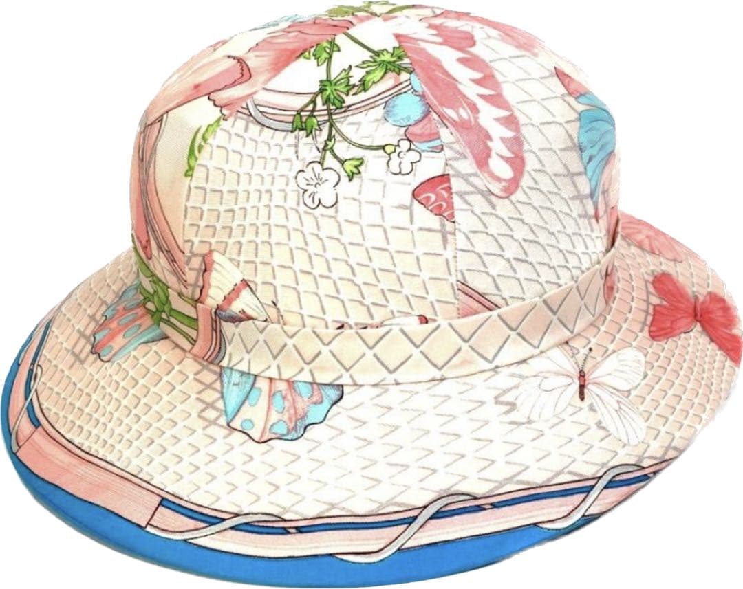 HERMES エルメス フラワー 花 蝶 バタフライ 帽子 シルク ピンク