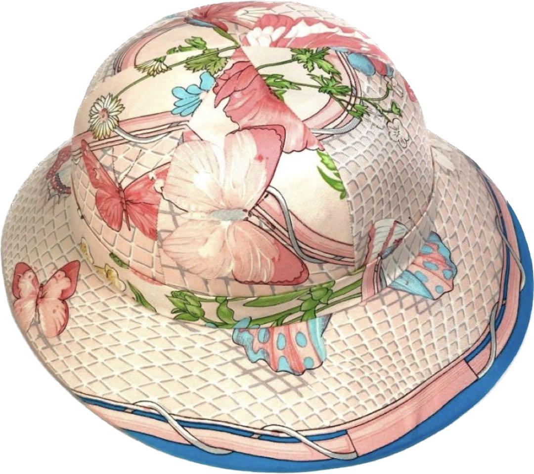HERMES エルメス フラワー 花 蝶 バタフライ 帽子 シルク ピンク