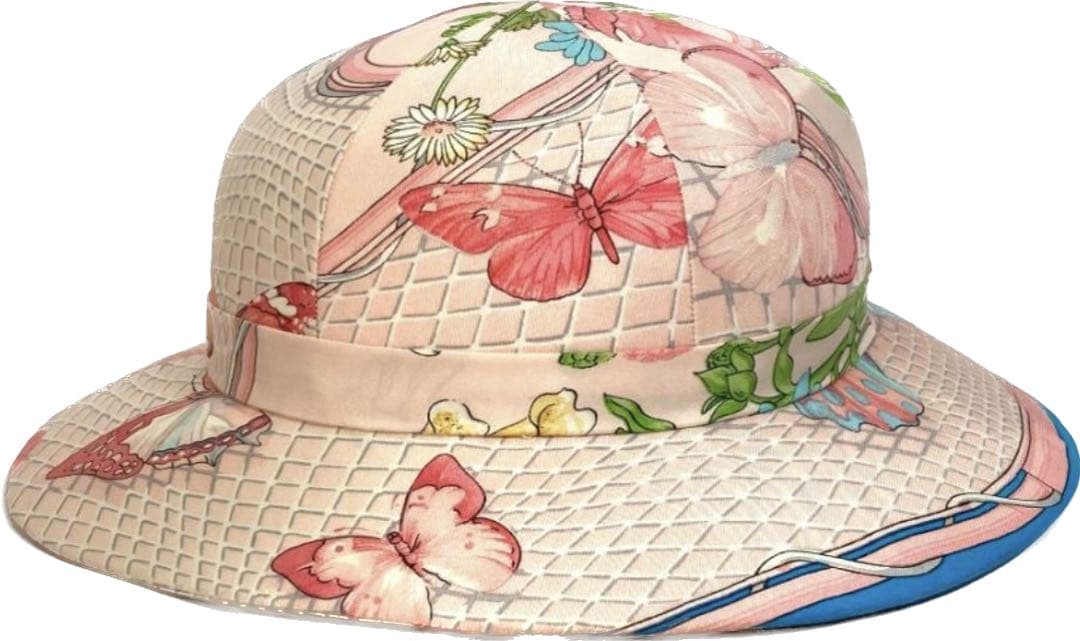 HERMES エルメス フラワー 花 蝶 バタフライ 帽子 シルク ピンク