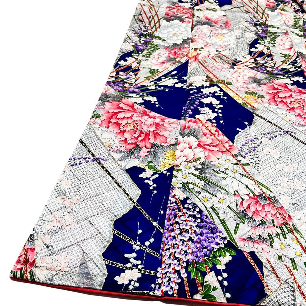 千總 振袖 正絹 青 友禅染 綸子 ちりめん 中古 花 №ymk0085