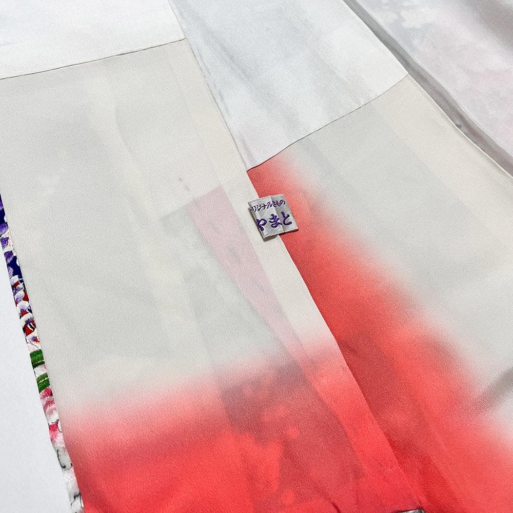 千總 振袖 正絹 青 友禅染 綸子 ちりめん 中古 花 №ymk0085