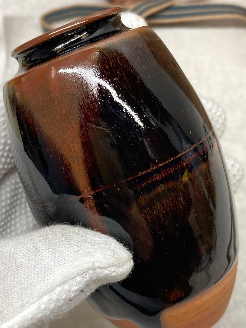 未使用 レア 加藤唐三郎作 古瀬戸 肩衝 茶入 間道仕覆 共箱 茶道具 西陣織