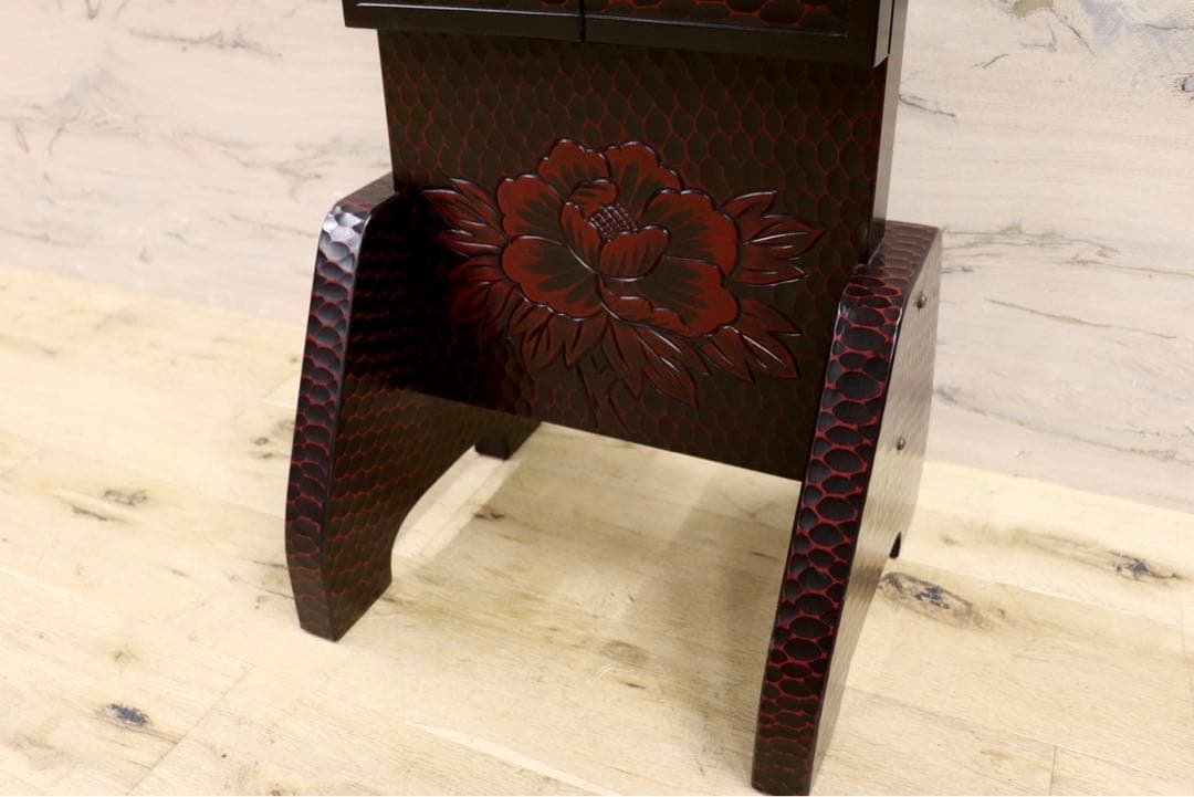 GMIH60○鎌倉彫 三面鏡 姿見 全身鏡 木製 彫刻 漆塗り 着付け鏡 和家