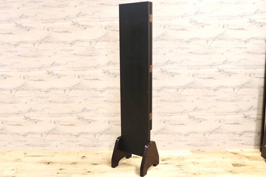 GMIH60○鎌倉彫 三面鏡 姿見 全身鏡 木製 彫刻 漆塗り 着付け鏡 和家