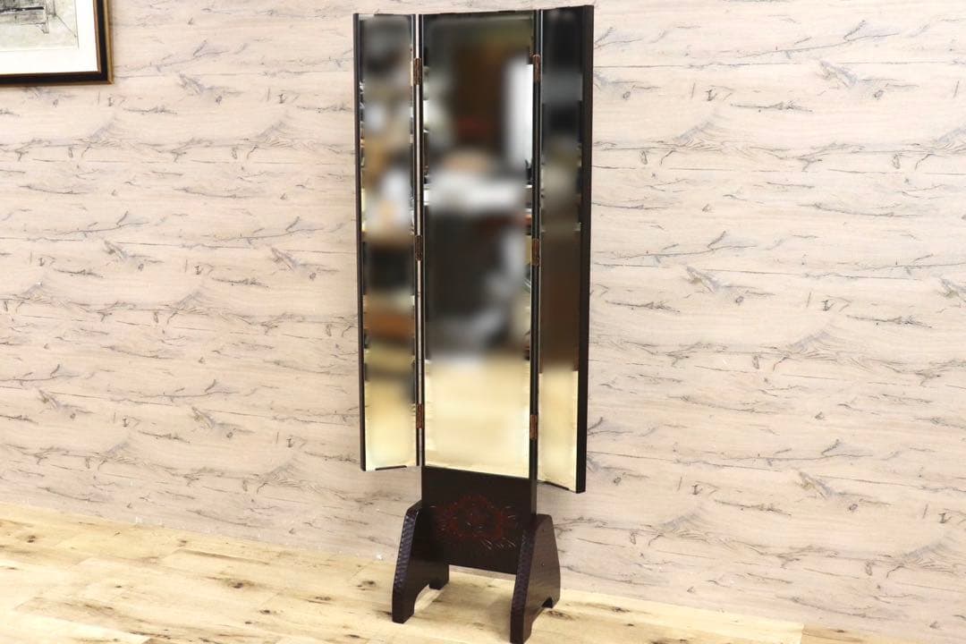 GMIH60○鎌倉彫 三面鏡 姿見 全身鏡 木製 彫刻 漆塗り 着付け鏡 和家