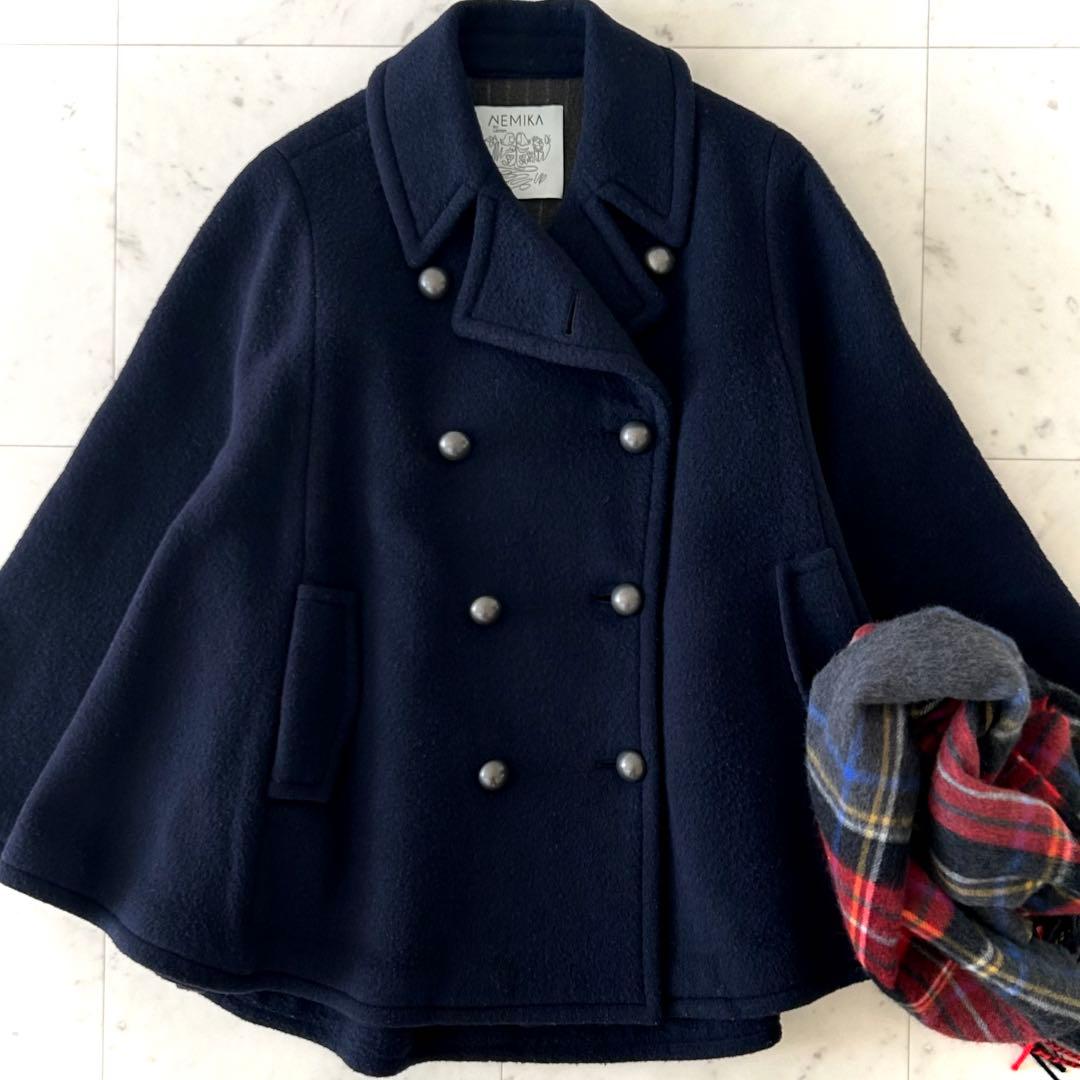 レリアン系列 ネミカ ウール ポンチョコート ネイビー ショート丈 ゆったりめ