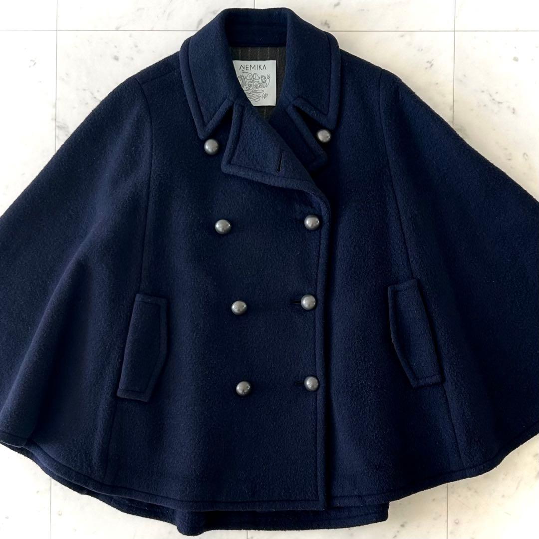 レリアン系列 ネミカ ウール ポンチョコート ネイビー ショート丈 ゆったりめ