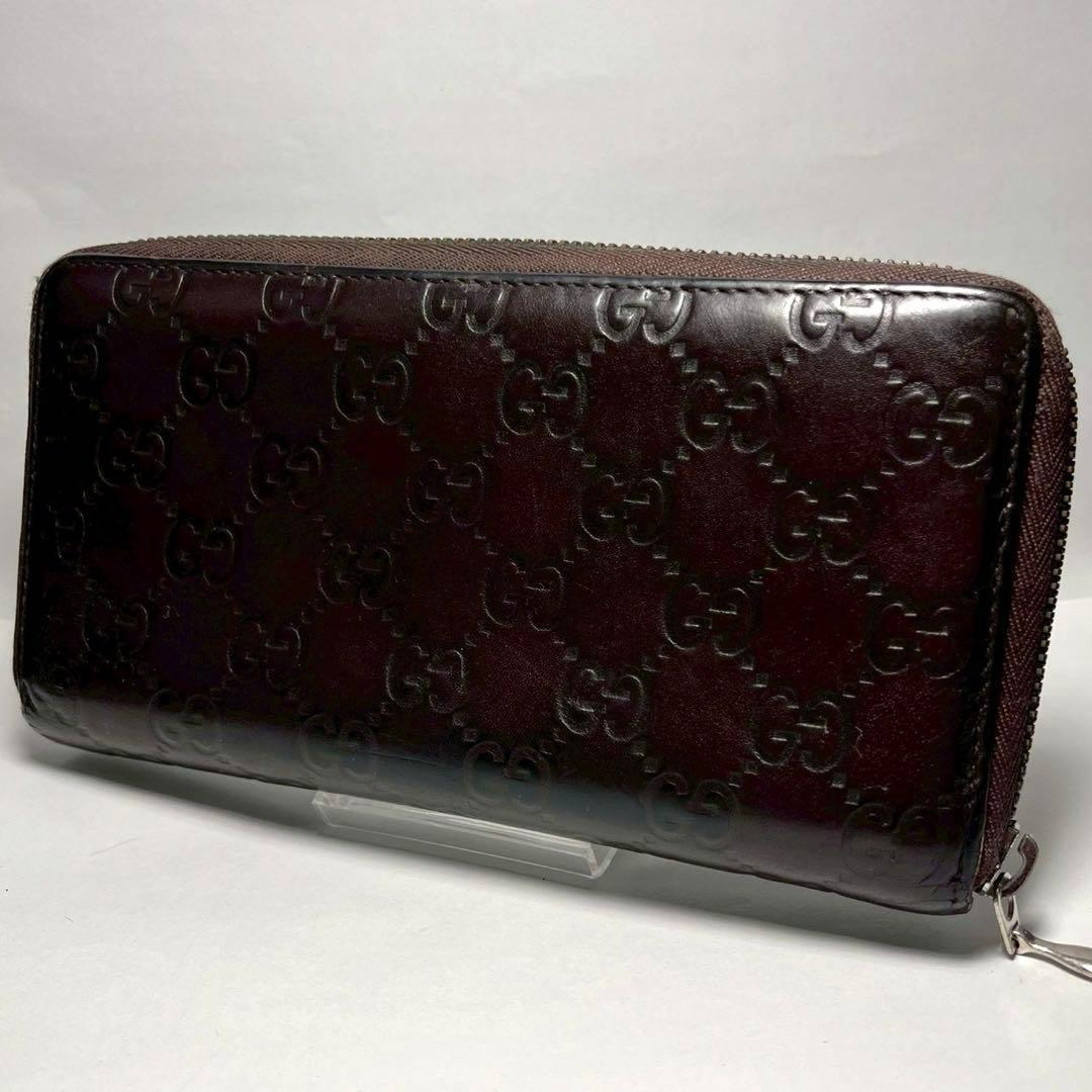 GUCCI グッチ シマ レザー GG柄 ラウンドジップ ダークブラウン