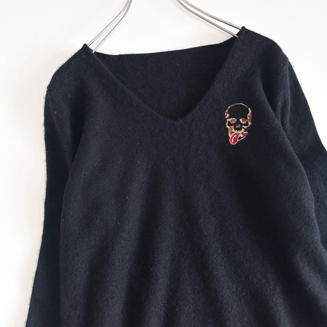 【カシミヤ100%】ルシアンペラフィネ / スカル刺繍 Vネック ワンピース