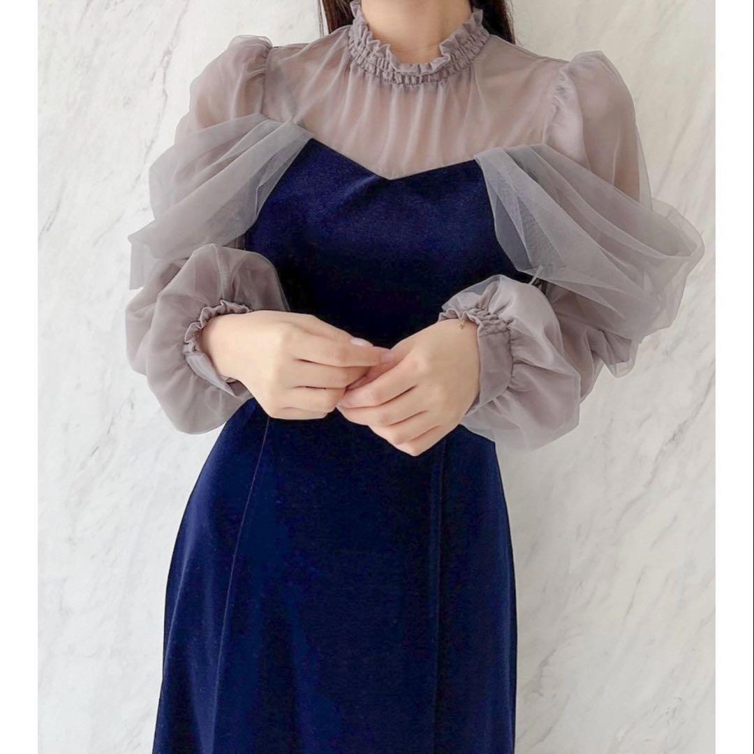 dazzlin シアーベールセミフレアワンピース Sサイズ ネイビー