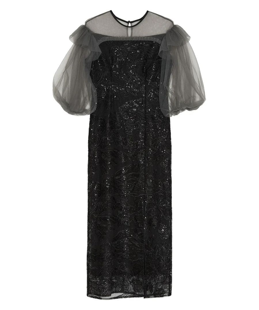 LEJA フラワースパンコールシアーフリルスリーブIラインワンピースドレス S