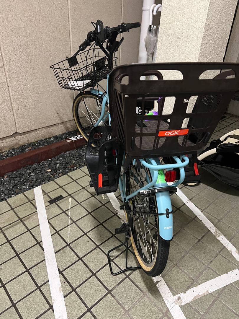 アサヒ製　水色 シティサイクル チャイルドシート付き