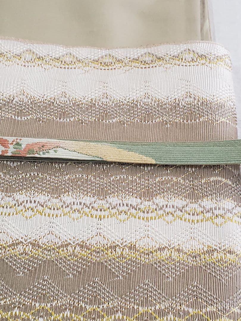 【上質カジュアル＊】洒落袋帯　ひなや　組み織り　ベージュ　白　金　　正絹