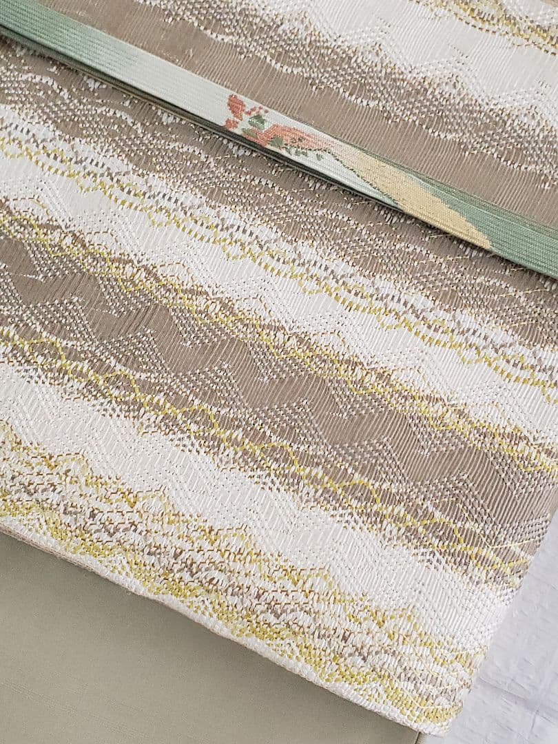 【上質カジュアル＊】洒落袋帯　ひなや　組み織り　ベージュ　白　金　　正絹