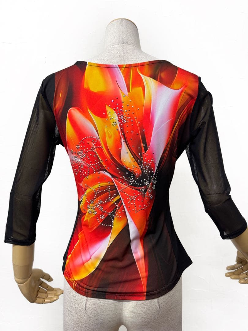 【上級ラインストーン】新品　社交ダンス　黒　赤　プリントカットソーr300