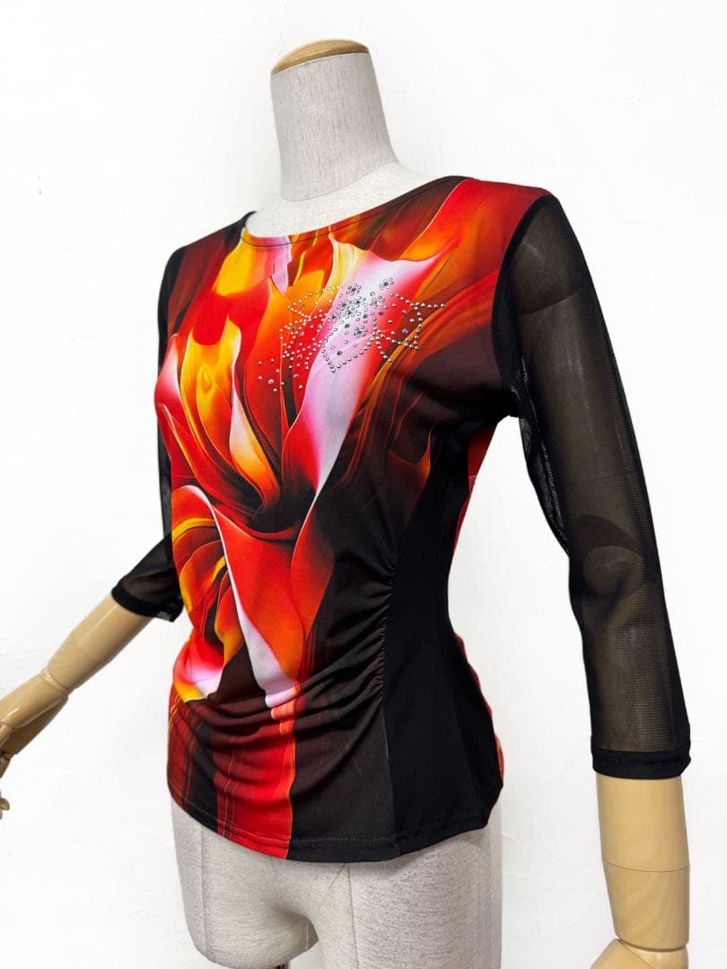【上級ラインストーン】新品　社交ダンス　黒　赤　プリントカットソーr300