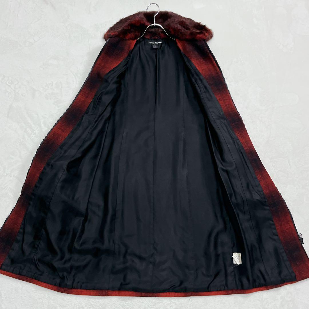 美品「ヴィヴィアン タム』オンブレチェック ファーロングコート ワインレッド
