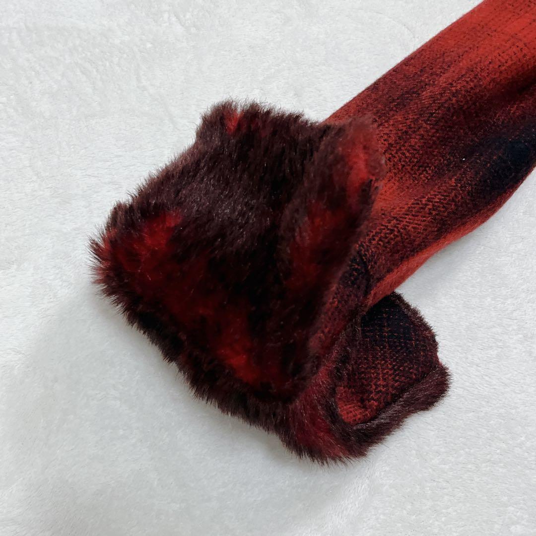 美品「ヴィヴィアン タム』オンブレチェック ファーロングコート ワインレッド