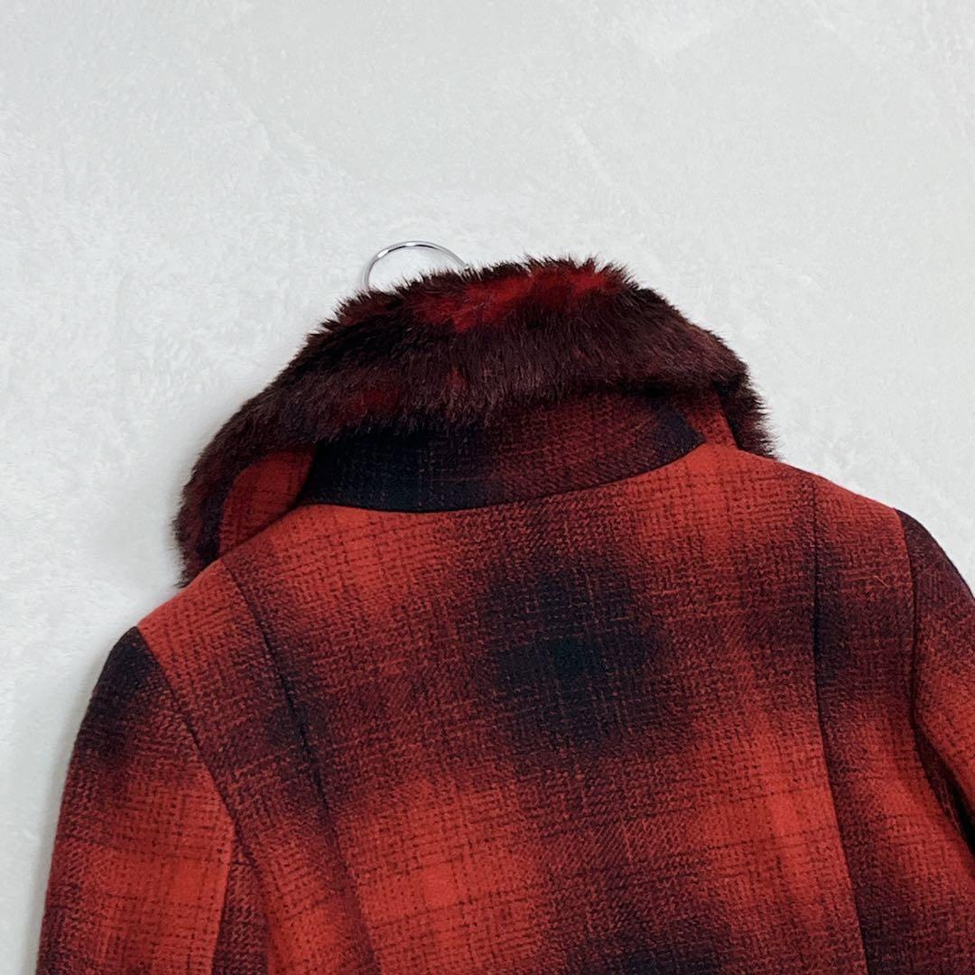 美品「ヴィヴィアン タム』オンブレチェック ファーロングコート ワインレッド