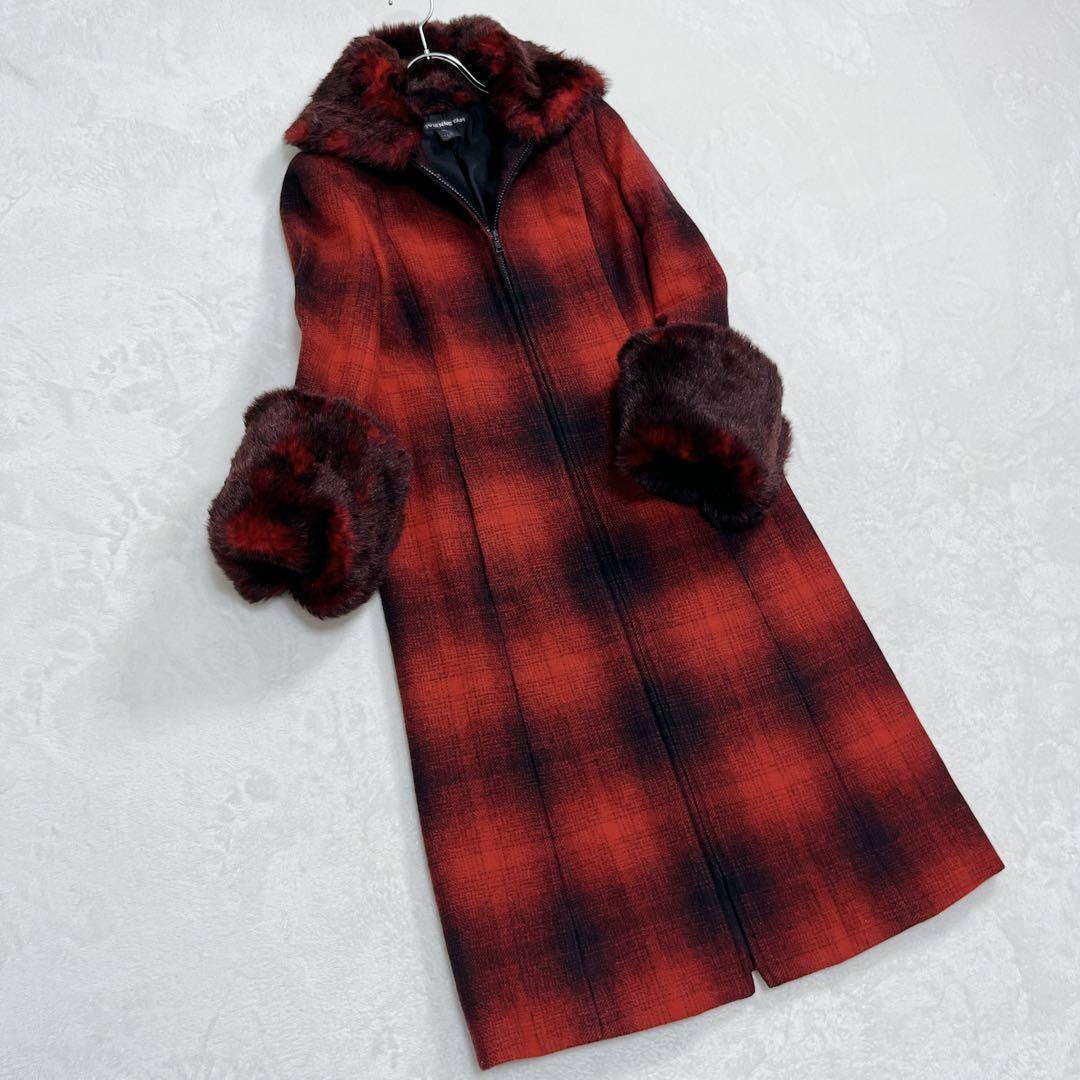 美品「ヴィヴィアン タム』オンブレチェック ファーロングコート ワインレッド