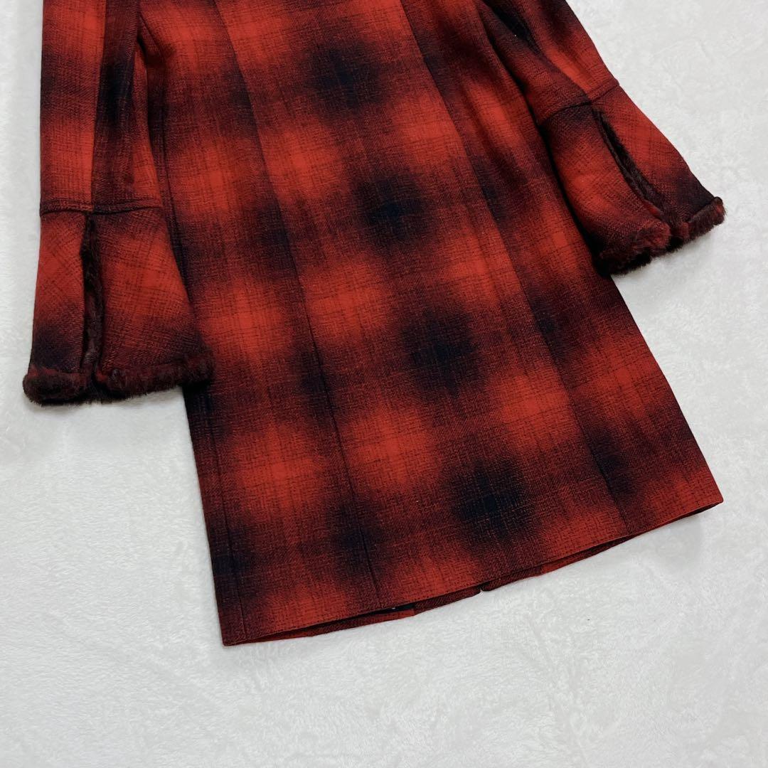 美品「ヴィヴィアン タム』オンブレチェック ファーロングコート ワインレッド