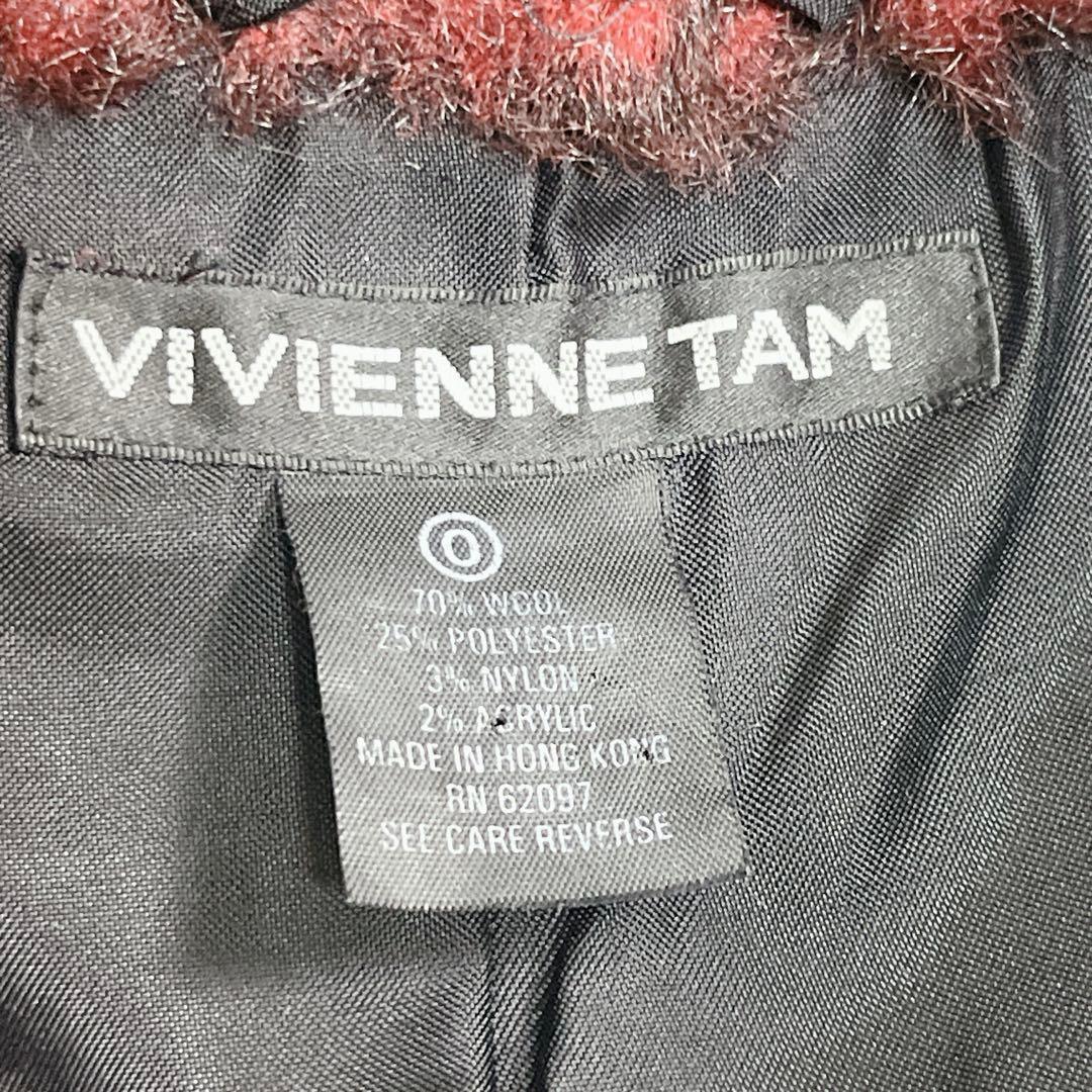 美品「ヴィヴィアン タム』オンブレチェック ファーロングコート ワインレッド