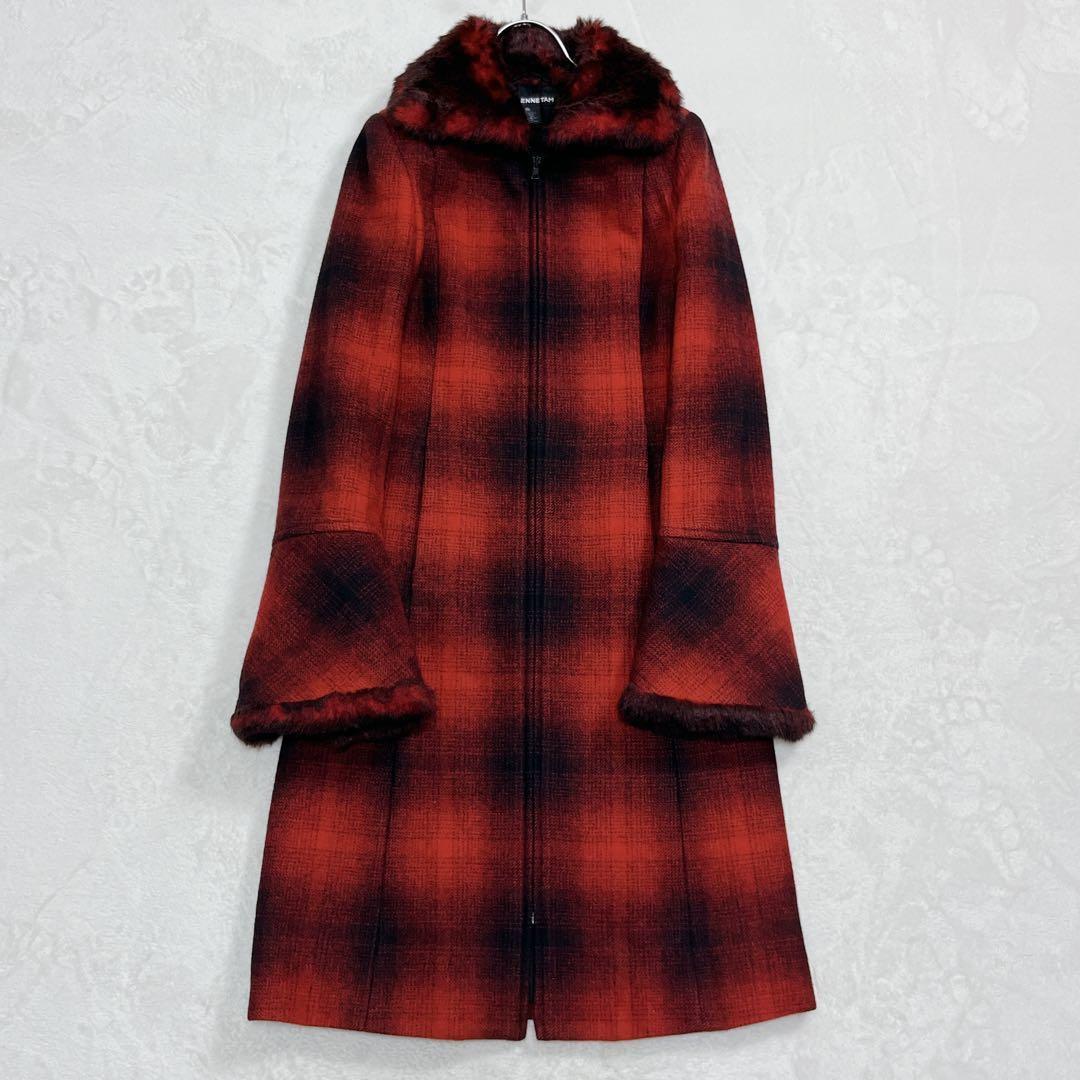 美品「ヴィヴィアン タム』オンブレチェック ファーロングコート ワインレッド