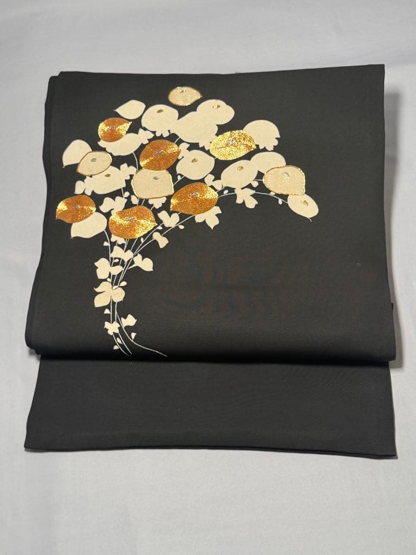 [美品] 塩瀬　名古屋帯　正絹　お太鼓柄　黒　箔　光琳菊　洒落帯　小紋　紬　無地