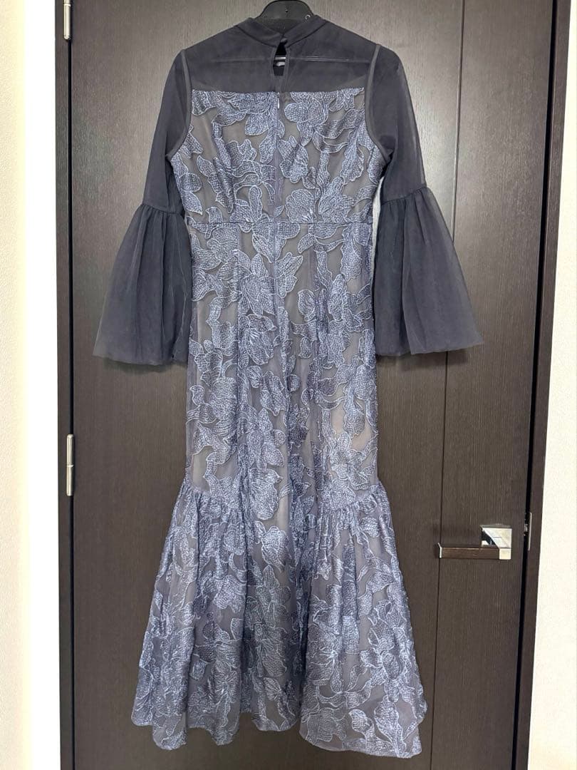 【LEJA】異素材シアー刺繍レース透け感プリーツスリーブマーメイドワンピース