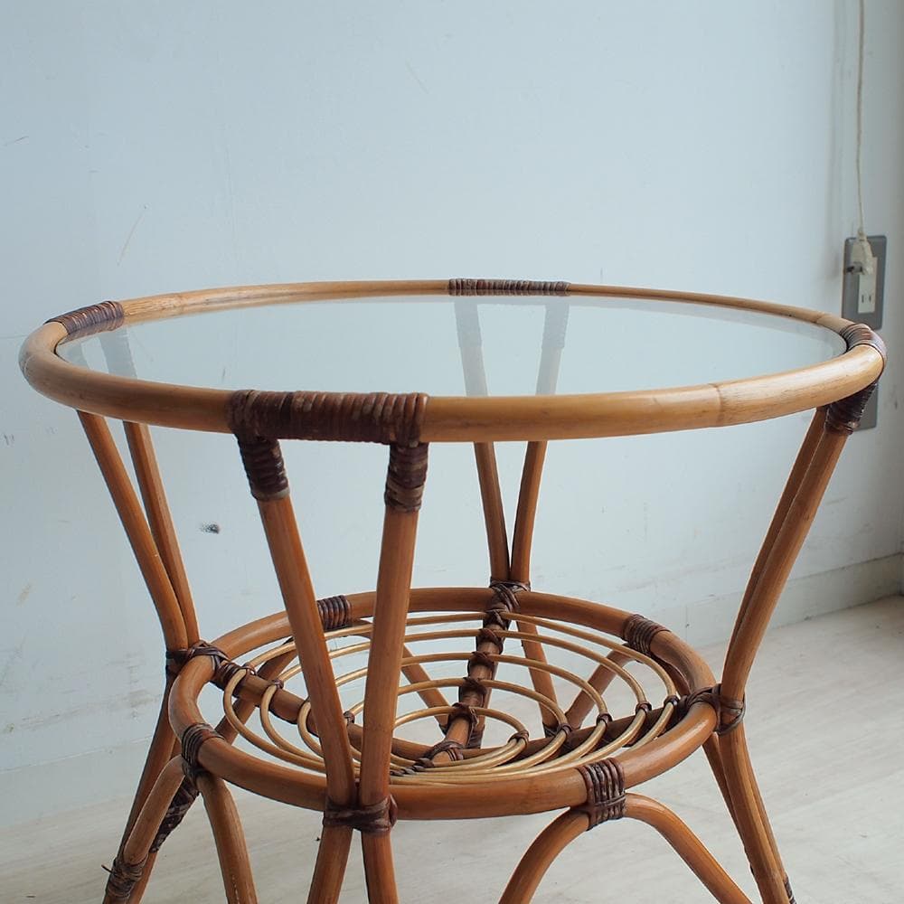 70's ラタンのコーヒーテーブル ビンテージ ガラス天板 ZR24001