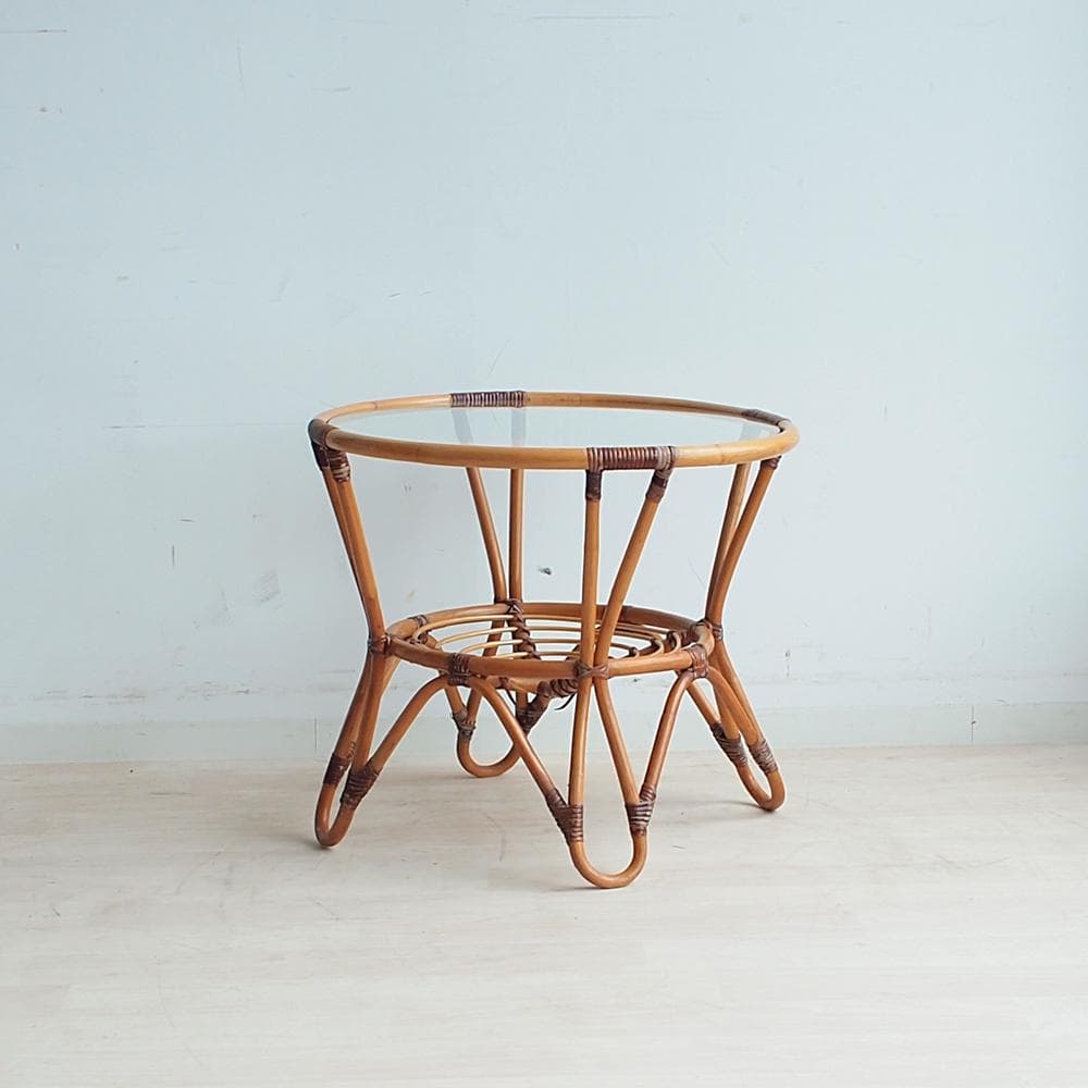 70's ラタンのコーヒーテーブル ビンテージ ガラス天板 ZR24001