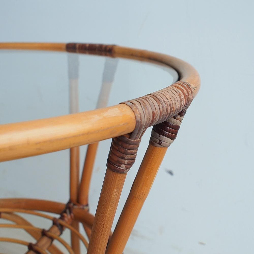 70's ラタンのコーヒーテーブル ビンテージ ガラス天板 ZR24001