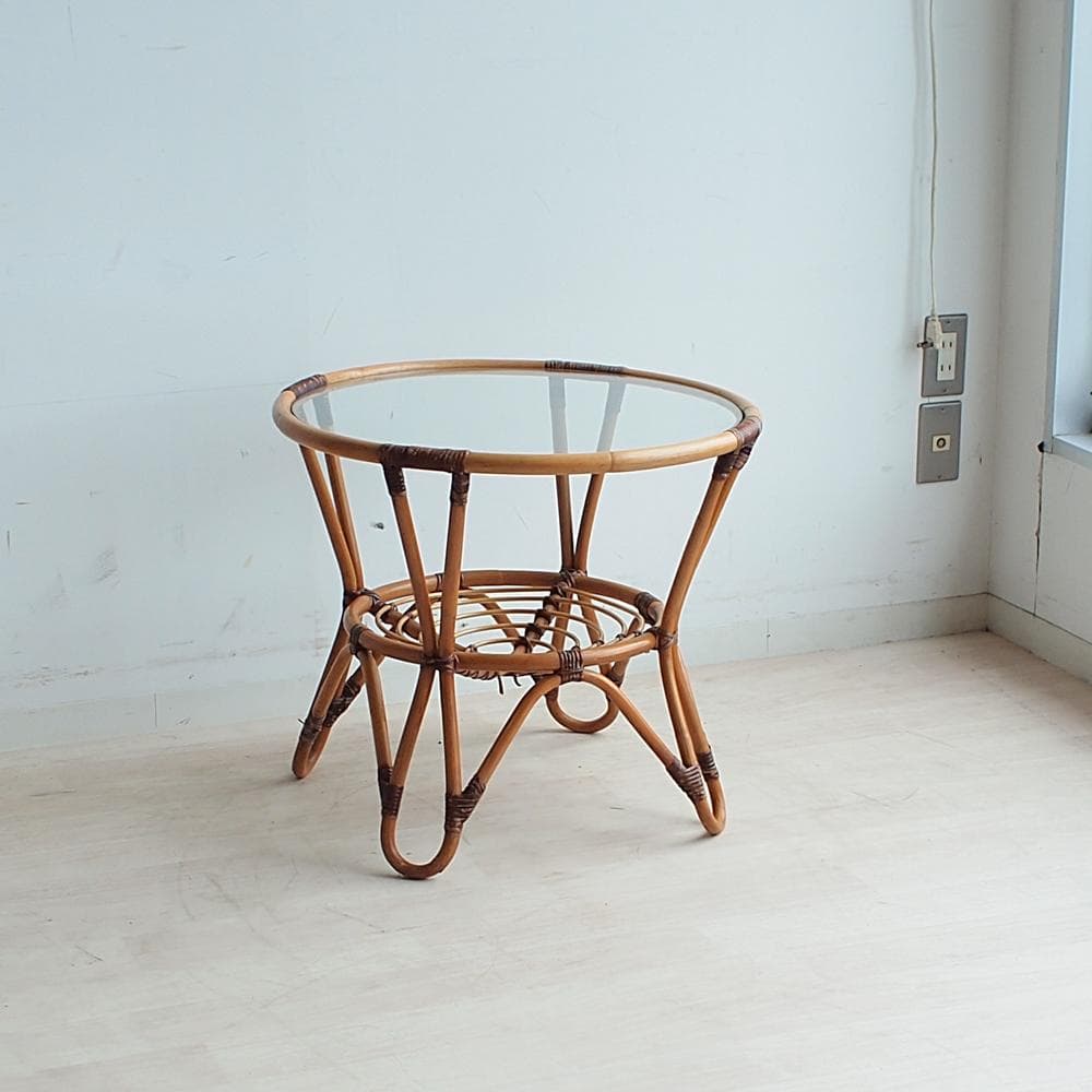 70's ラタンのコーヒーテーブル ビンテージ ガラス天板 ZR24001