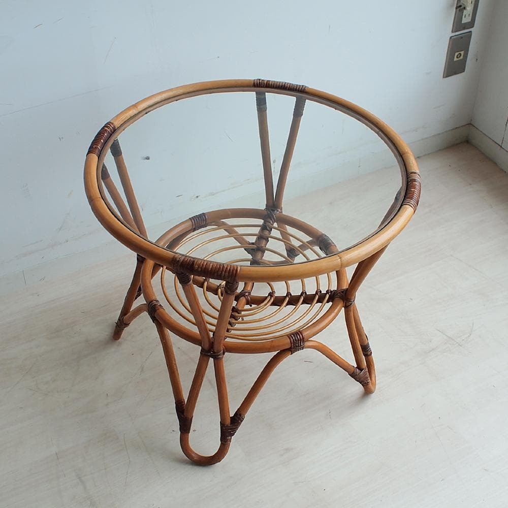 70's ラタンのコーヒーテーブル ビンテージ ガラス天板 ZR24001