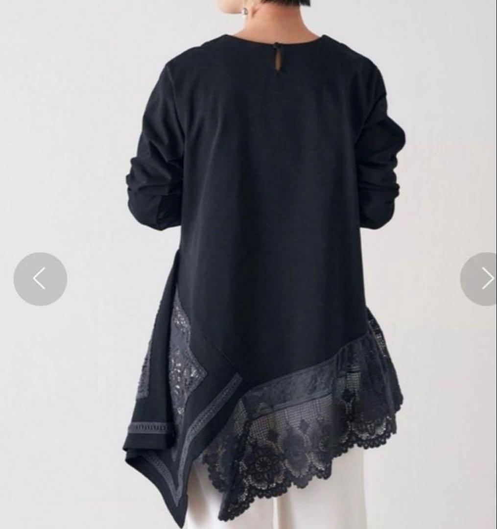 美品✨ ビアズリー レース裏毛チュニック アシンメトリー 変形ブラウス 切替 黒