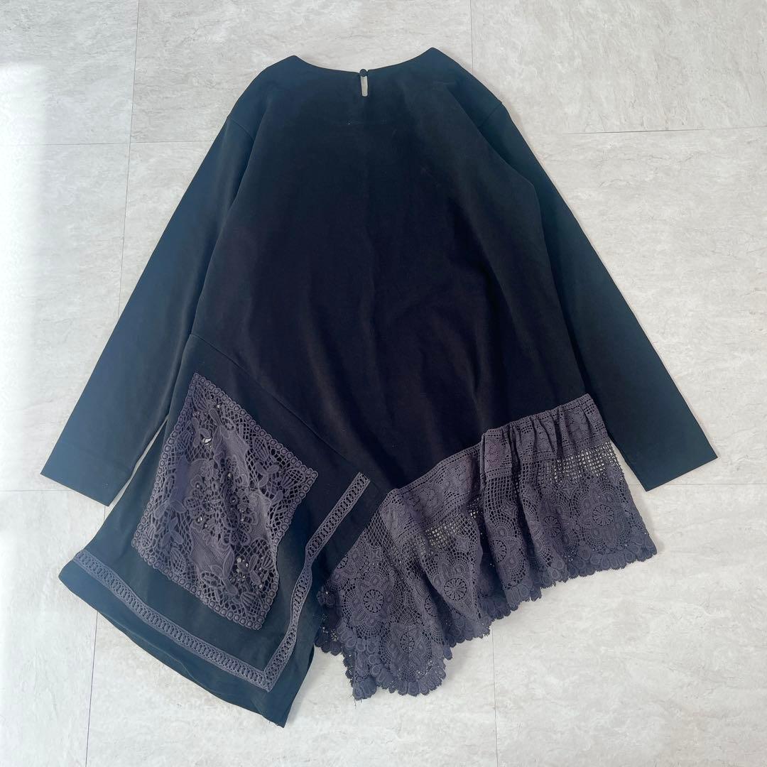 美品✨ ビアズリー レース裏毛チュニック アシンメトリー 変形ブラウス 切替 黒